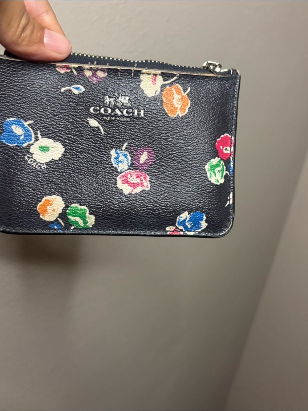 Coach Navy Floral Print Zip Card Case Wristlet Broken Strap As Is